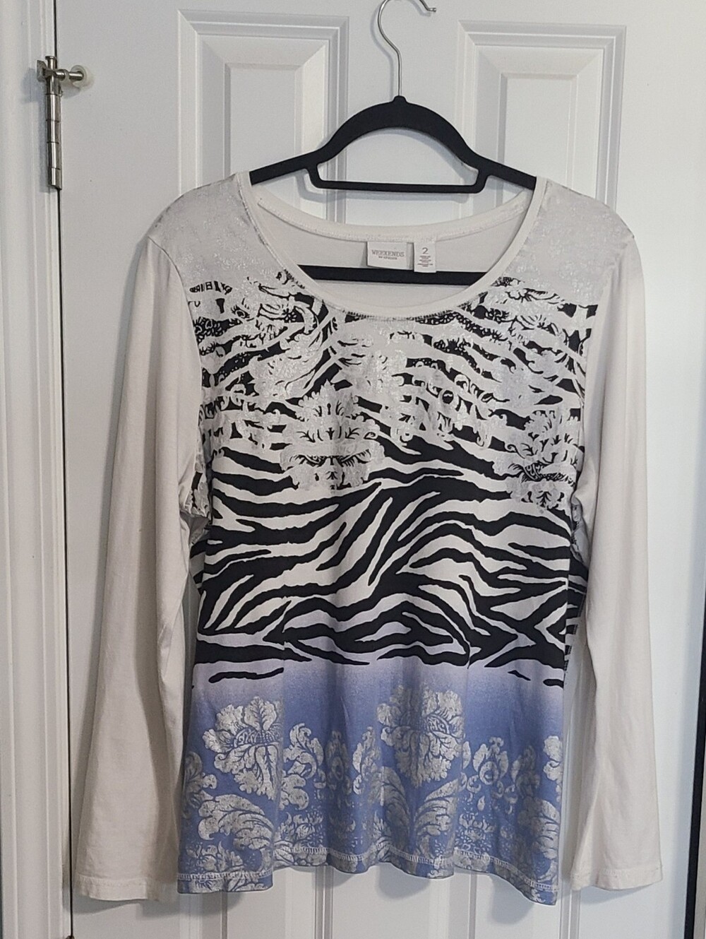 Chico's Long Sleeve Zebra & Floral Ombre Top - White & Blue